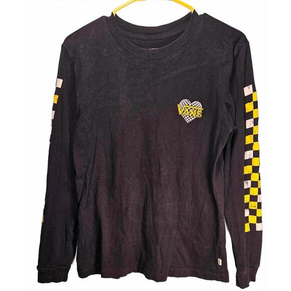 Vans Women's Long Sleeve Black T-Shirt with Checker Pattern - Picture 1 of 8